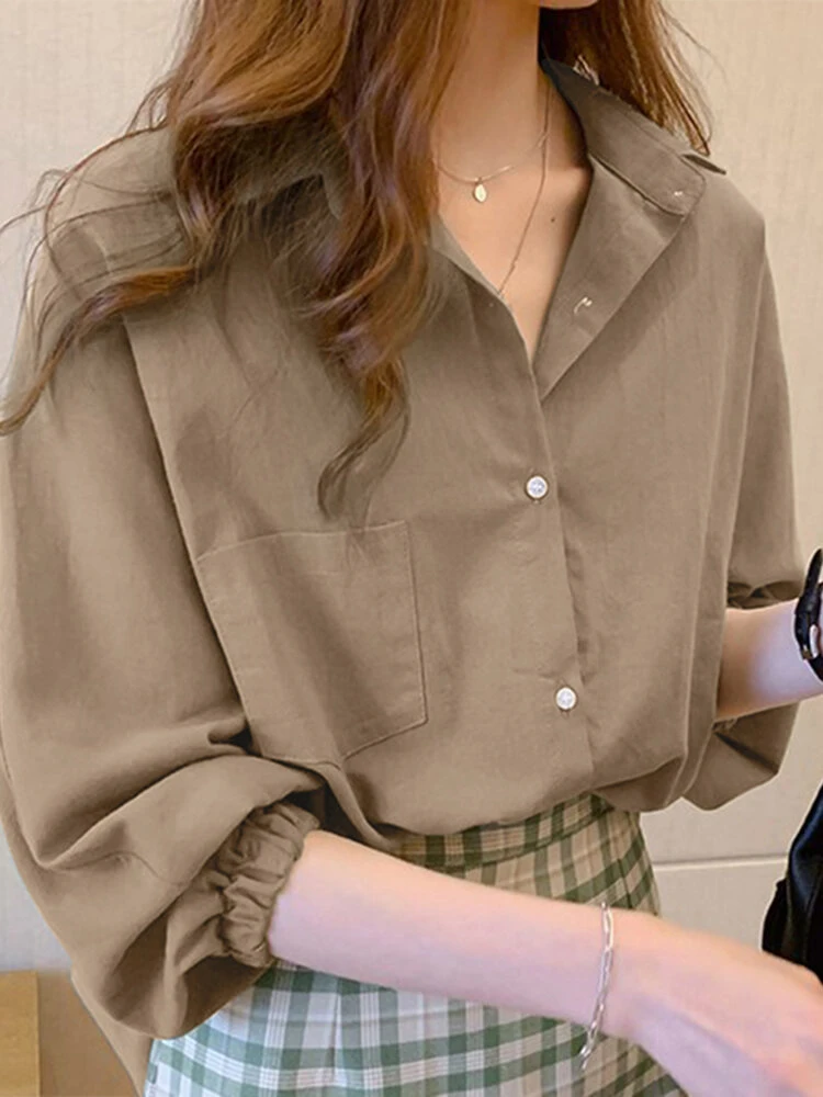 Solid 3/4 Sleeve Pocket Lapel Blouse For Women 6 Solid 3/4 Sleeve Pocket Lapel Blouse For Women - Image 6