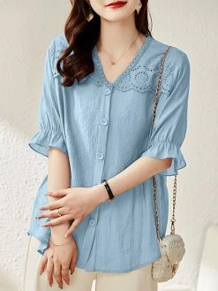 Lace Panel Button Front Loose Half Sleeve V-neck Blouse -Zanzea Shop ea05f1a9 5891 479d 9caa 3bb733afad4b