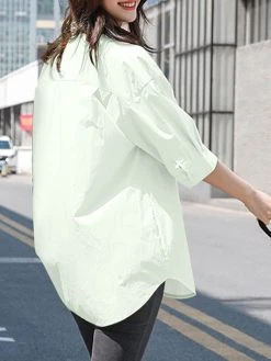 Solid Button Front Tie Lapel 3/4 Sleeve Loose Blouse -Zanzea Shop ea16ad52 02ee 4954 b123 6354695e92a7