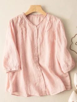 Women Plain Frill Neck Button Front Cotton Puff Sleeve Shirt -Zanzea Shop ea7c8836 4f35 4bcc 9b71 3b47ce9d2a8b