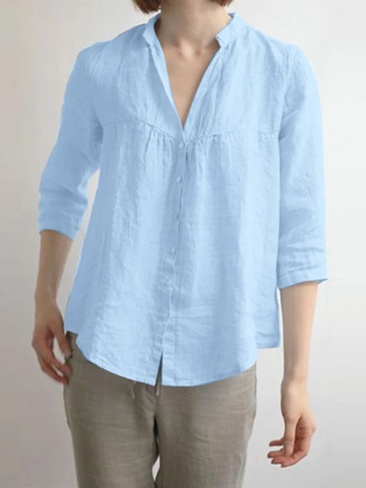 Solid Button Front Lapel 3/4 Sleeve Blouse 1 Solid Button Front Lapel 3/4 Sleeve Blouse