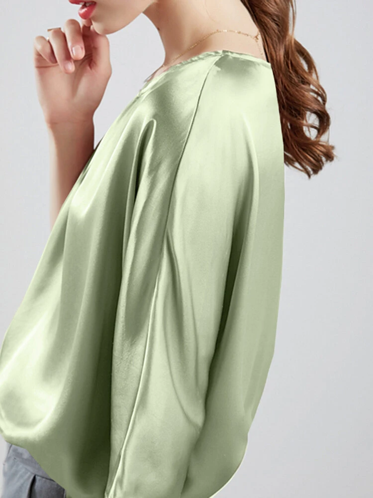 Solid Loose Dolman Sleeve Satin Crew Neck Women Blouse 3 Solid Loose Dolman Sleeve Satin Crew Neck Women Blouse - Image 3