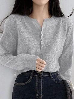 Solid Long Sleeve Half Placket Button Crew Neck Knit T-shirt -Zanzea Shop eb23b2a3 68dd 4321 8549 cb28c9fcd34b