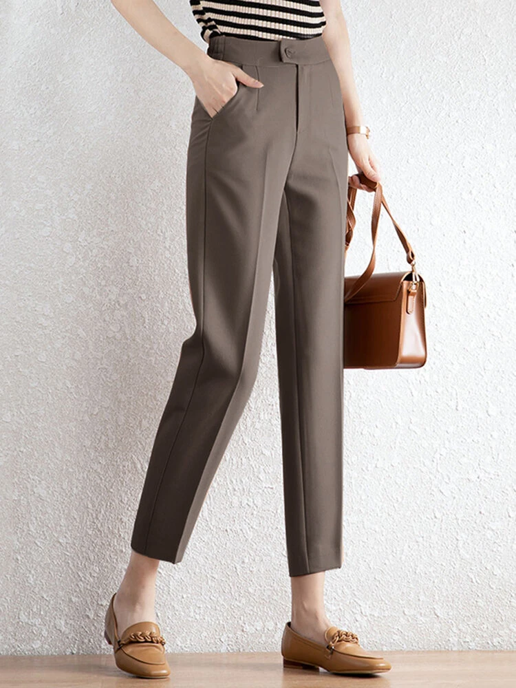 Women Solid Pocket Zip Button Front Tailored Pants 5 Women Solid Pocket Zip Button Front Tailored Pants - Image 5