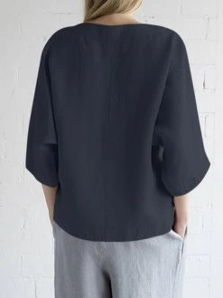 Women Solid Pleated Crew Neck Cotton 3/4 Sleeve Blouse -Zanzea Shop eb5a17c9 256d 493f aac9 c0e4bc663da1