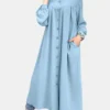 Casual Solid Color Crewneck Button Plus Size Dress With Pockets