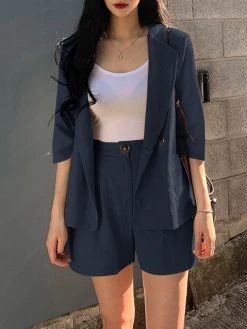 Solid 3/4 Sleeve Lapel Elastic Waist Two Pieces Suit -Zanzea Shop eb8fb249 4eb5 483a 82c2 2dd6638d5268