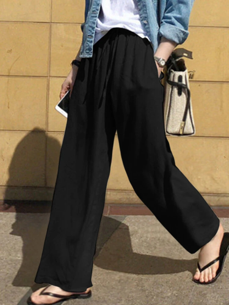 Solid Pocket Drawstring Elastic Waist Wide Leg Pants 11 Solid Pocket Drawstring Elastic Waist Wide Leg Pants - Image 11
