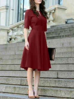 Solid Tie Back Half Sleeve Notch Neck Casual Dress -Zanzea Shop ebd5796f 2da1 42a9 8a0e 66cedc0858c2