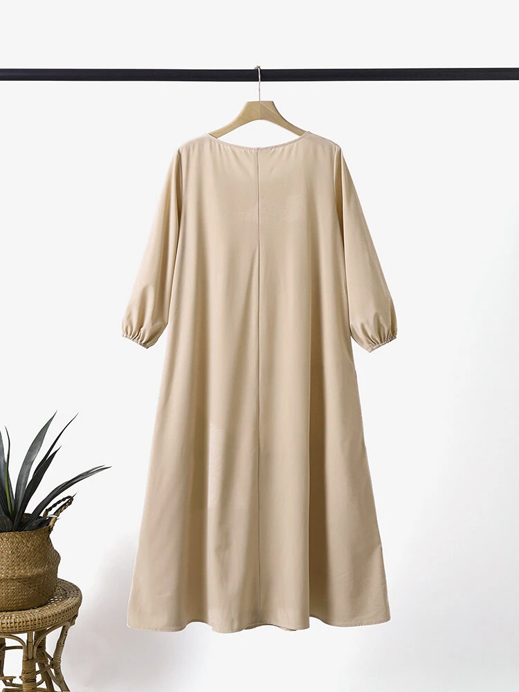 Solid Crew Neck A-line 3/4 Sleeve Casual Dress 4 Solid Crew Neck A-line 3/4 Sleeve Casual Dress - Image 4