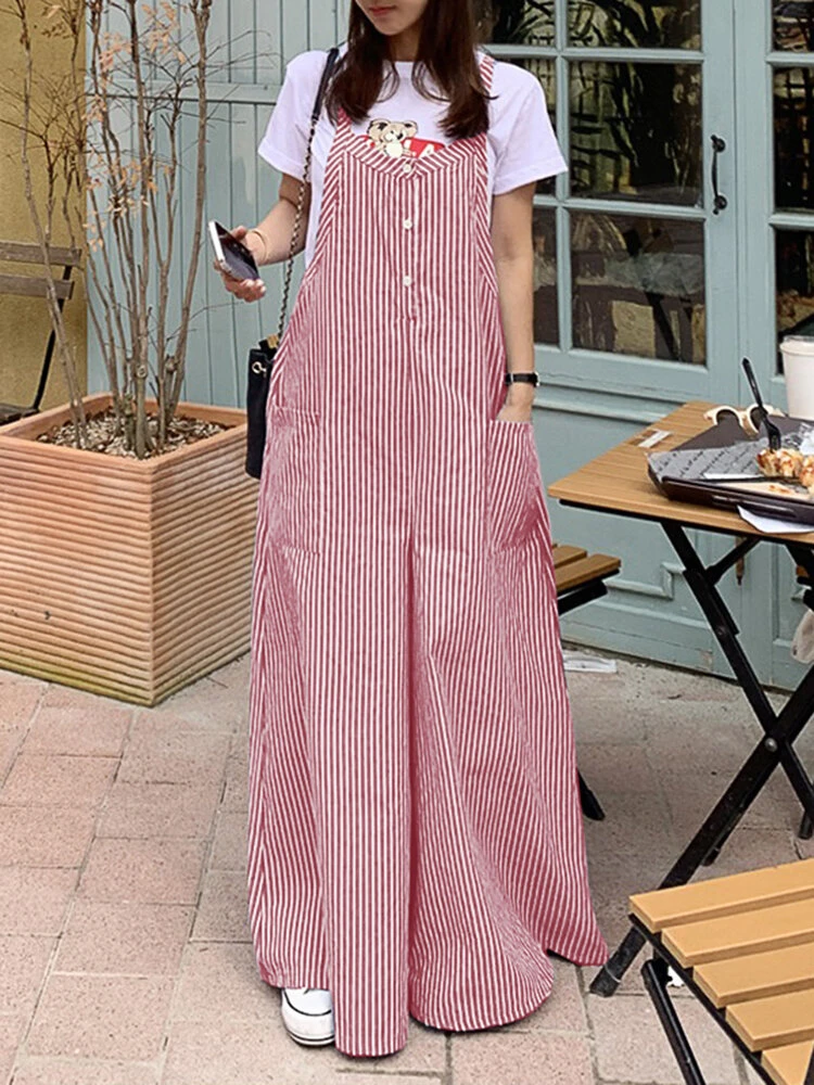 Women Stripe Print Pocket Strap Wide Leg Jumpsuit 7 Women Stripe Print Pocket Strap Wide Leg Jumpsuit - Image 7