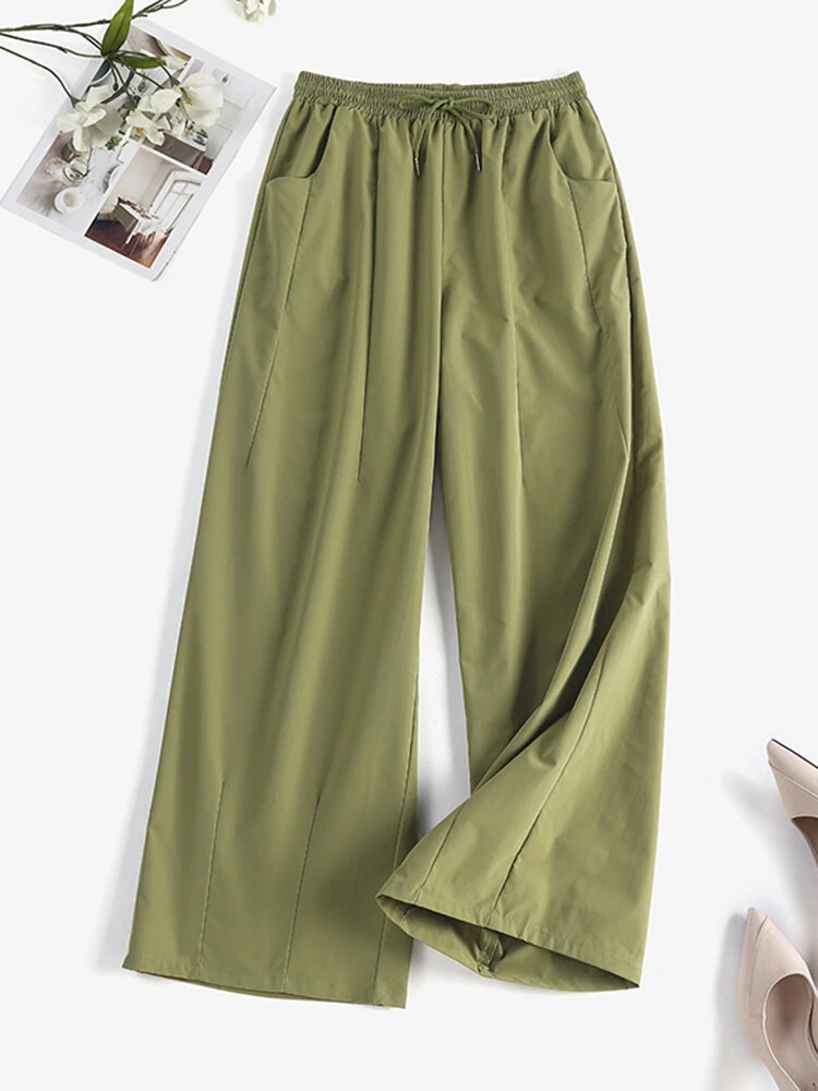 Women Solid Seam Detail Drawstring Waist Wide Leg Pants 7 Women Solid Seam Detail Drawstring Waist Wide Leg Pants - Image 7