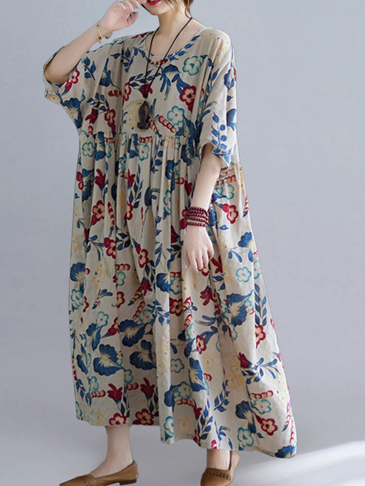 Flower Print Half Sleeve O-neck Loose Women Vintage Dress 7 Flower Print Half Sleeve O-neck Loose Women Vintage Dress - Image 7