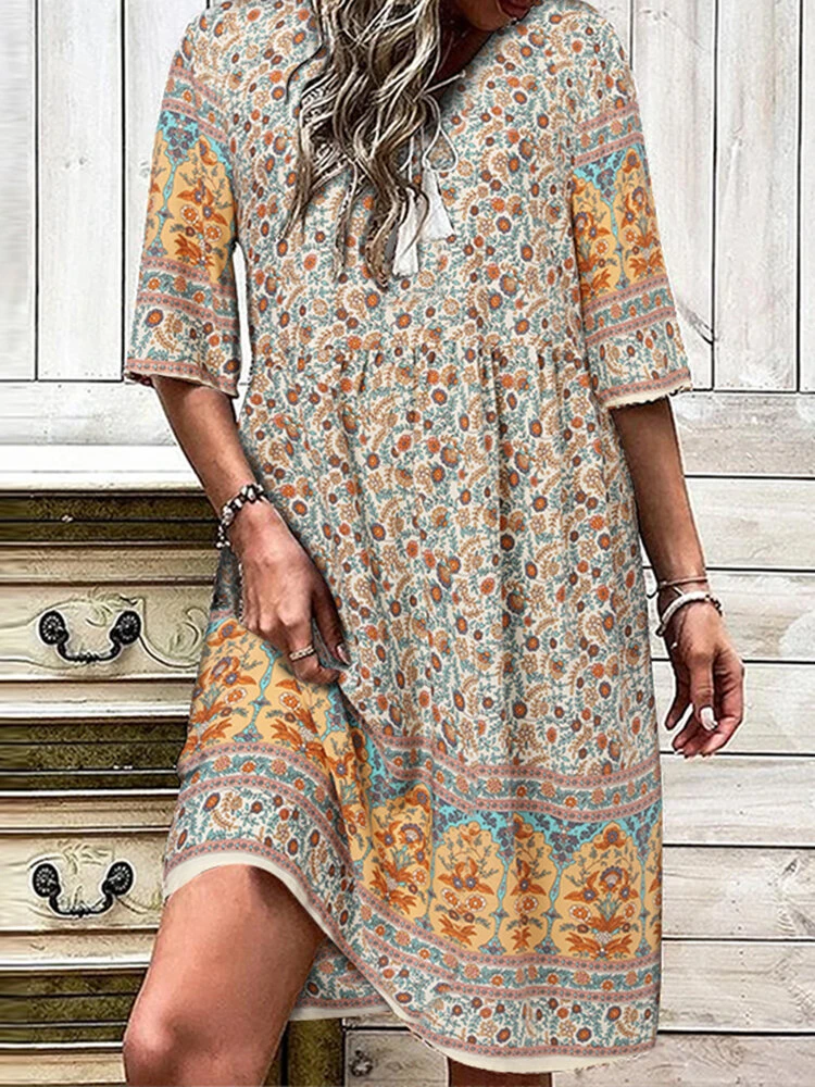 Women Ditsy Floral Print V-Neck Tie Bohemian Half Sleeve Dress 3 Women Ditsy Floral Print V-Neck Tie Bohemian Half Sleeve Dress - Image 3