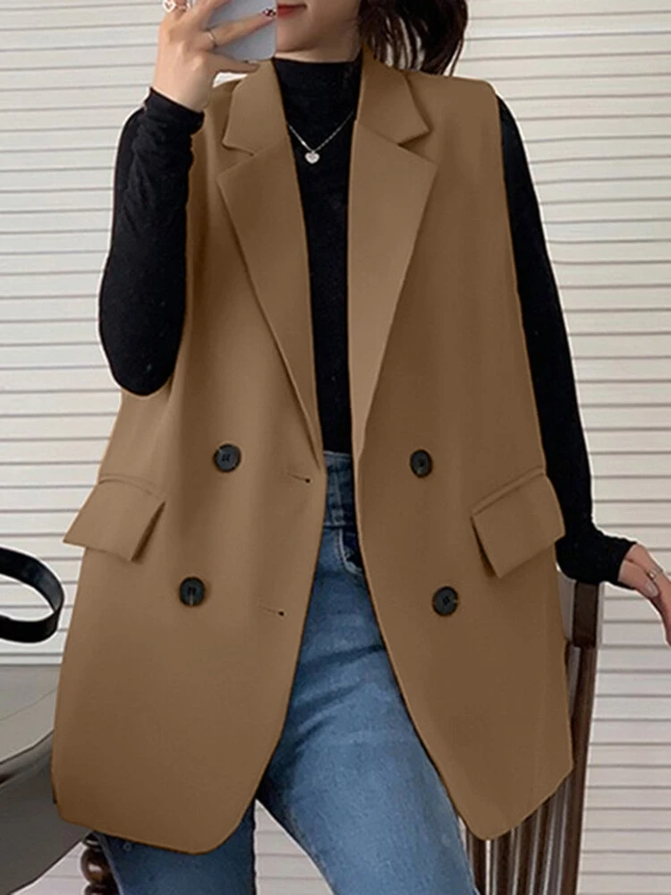 Solid Double Breasted Sleeveless Lapel Vest Blazer 3 Solid Double Breasted Sleeveless Lapel Vest Blazer - Image 3