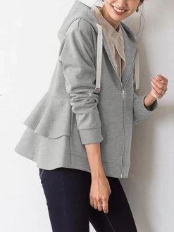 Solid Ruffle Hem Back Zip Pocket Drawstring Hooded Jacket -Zanzea Shop ec8f9172 5227 473a b153 8551c6e14c58