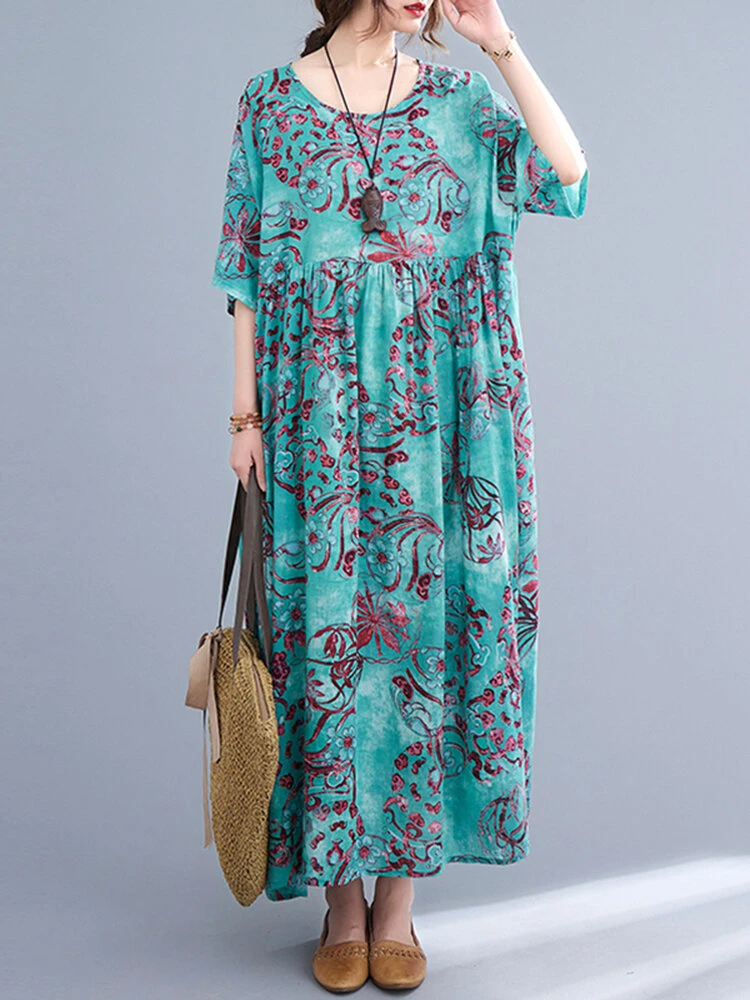 Vintage Flower Print Loose O-neck Half Sleeve Dress For Women 2 Vintage Flower Print Loose O-neck Half Sleeve Dress For Women - Image 2