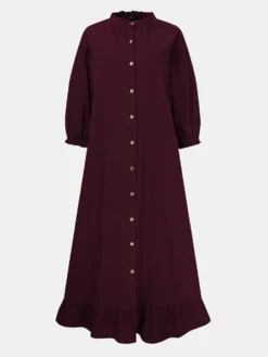 Solid Color Button Ruffled Neck Hem Long Sleeve Casual Dress For Women -Zanzea Shop ecae0283 a1fa 4ff0 bf1a dfbf142b972a