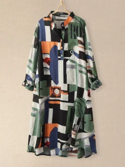 Plaid Loose Stand Collar Long Sleeve Casual Print Dress For Women