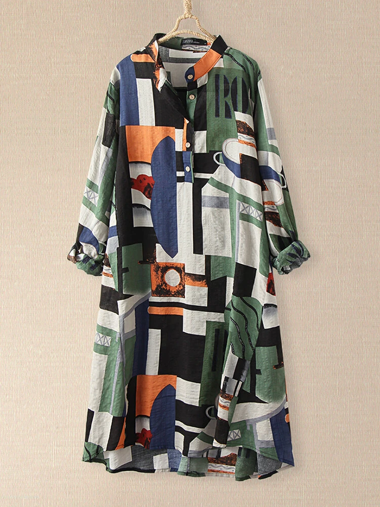 Plaid Loose Stand Collar Long Sleeve Casual Print Dress For Women 1 Plaid Loose Stand Collar Long Sleeve Casual Print Dress For Women