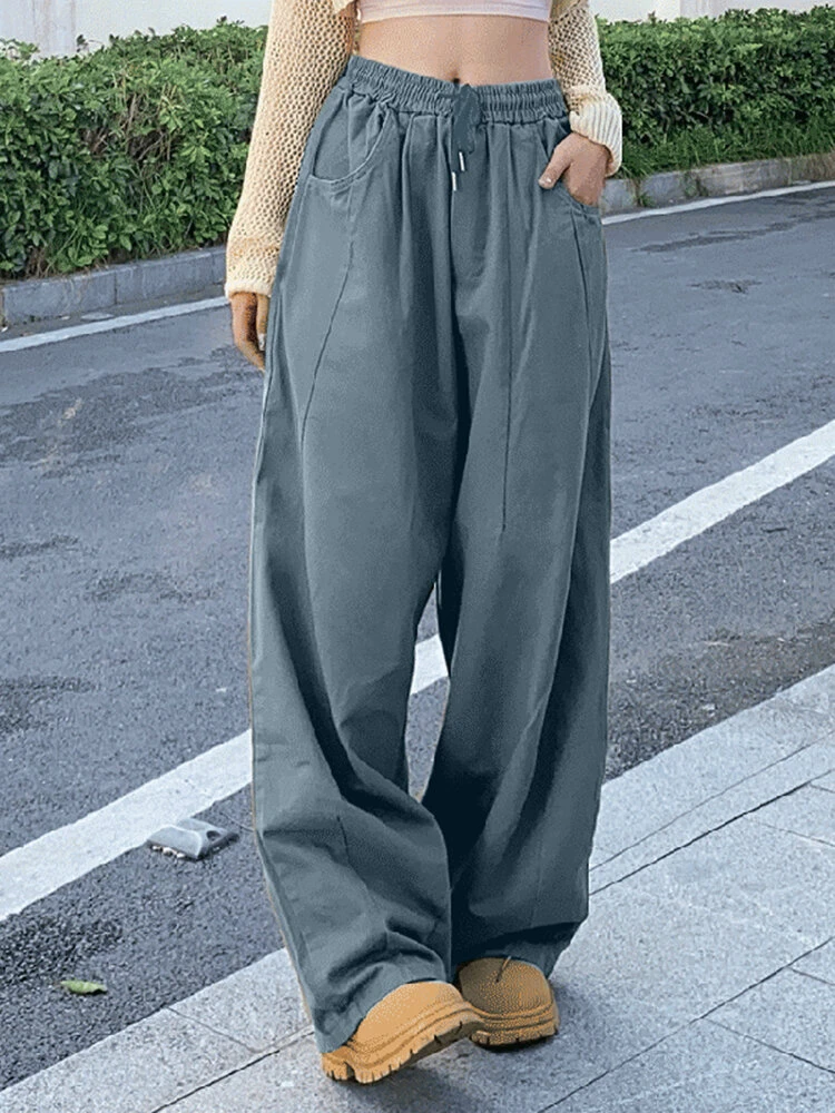 Women Solid Seam Detail Drawstring Waist Wide Leg Pants 4 Women Solid Seam Detail Drawstring Waist Wide Leg Pants - Image 4