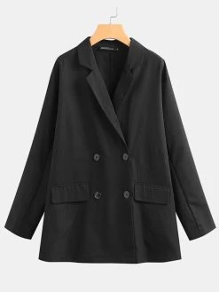 Women Vintage Solid Color Lapel Long Sleeve Button Pocket Blazer