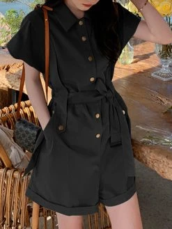 Solid Belt Button Front Pocket Short Sleeve Lapel Cargo Romper -Zanzea Shop ed0ce76b 3ae8 4004 aa08 0567d08f5b29