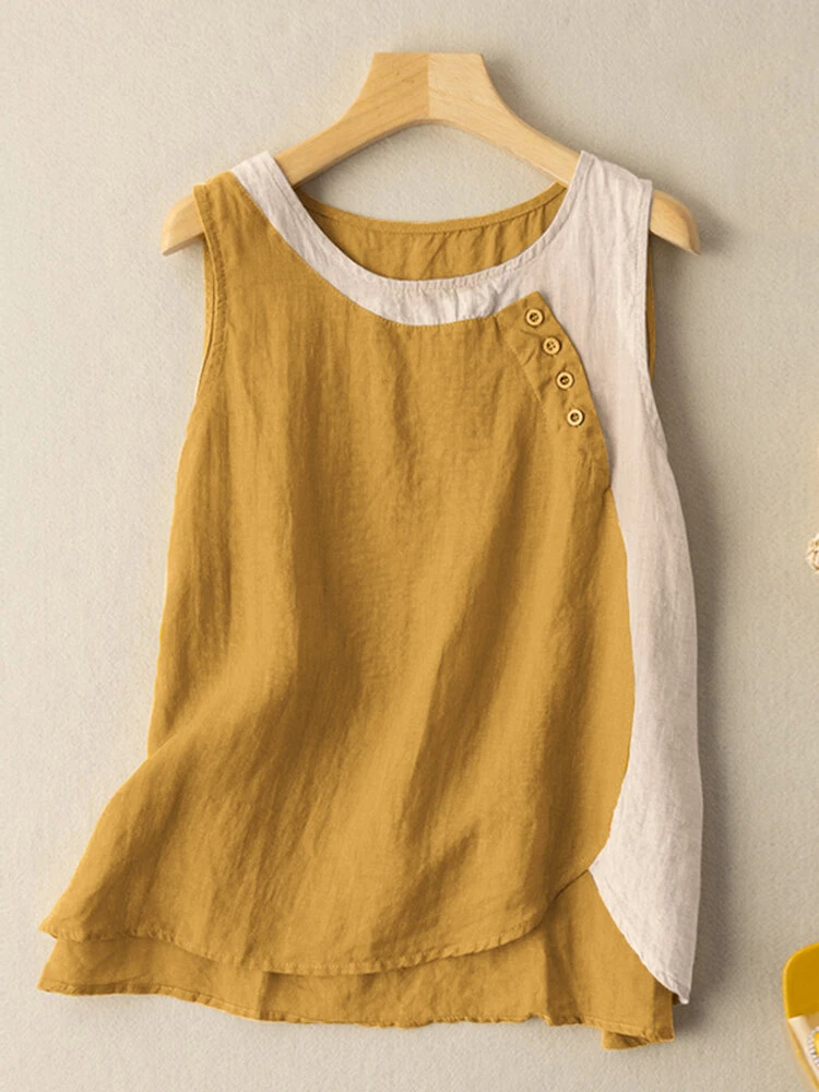 Contrasting Color Button Sleeveless Round Neck Casual Cotton Tank Top 2 Contrasting Color Button Sleeveless Round Neck Casual Cotton Tank Top - Image 2