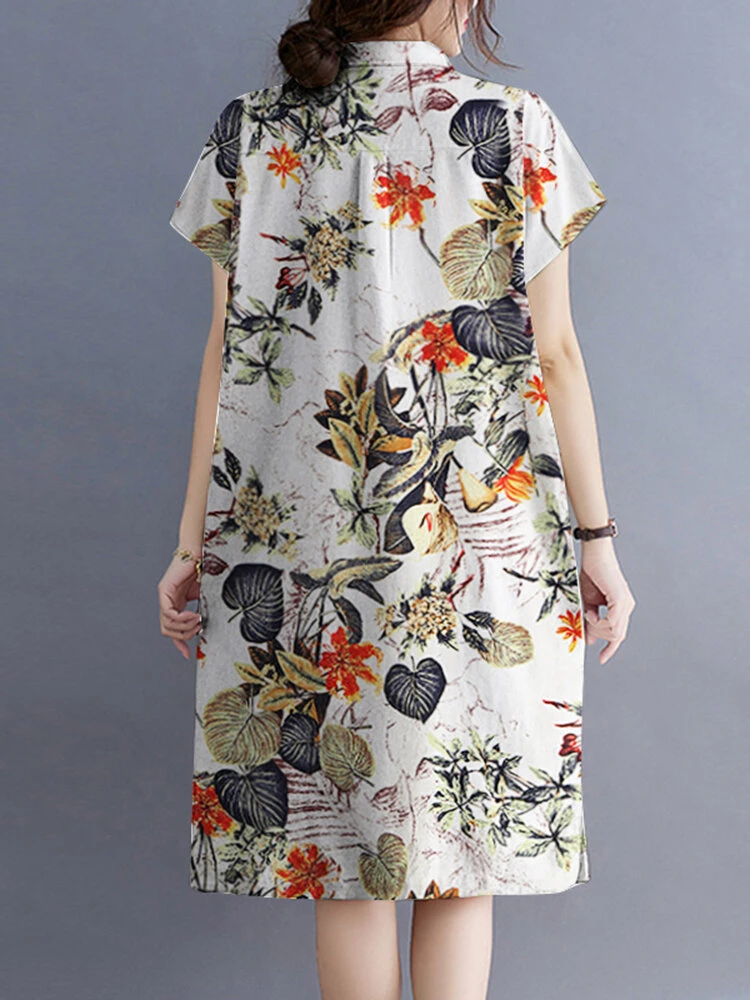Plant Print Button Pocket Casual Cotton Midi Dress 6 Plant Print Button Pocket Casual Cotton Midi Dress - Image 6