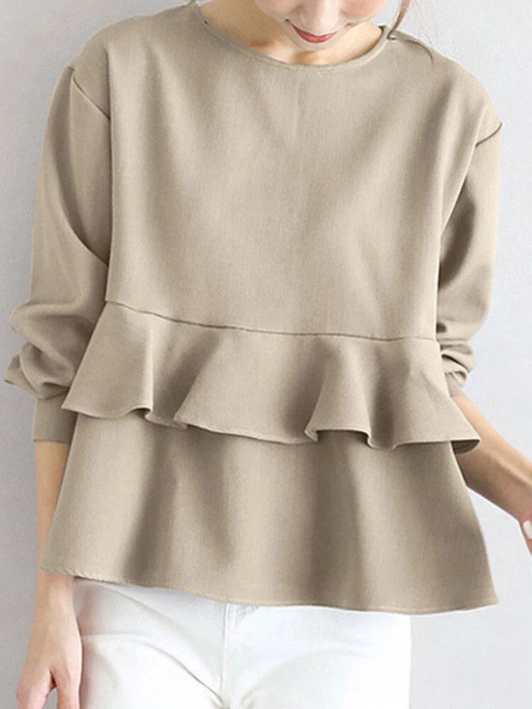 Ruffle Tiered Solid Long Sleeve Crew Neck Casual Blouse 1 Ruffle Tiered Solid Long Sleeve Crew Neck Casual Blouse