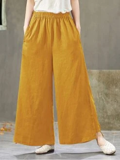 Solid Pocket Elastic Waist Wide Leg Casual Cotton Pants -Zanzea Shop ed829eb5 b14a 477b beb3 1927dd62fda4
