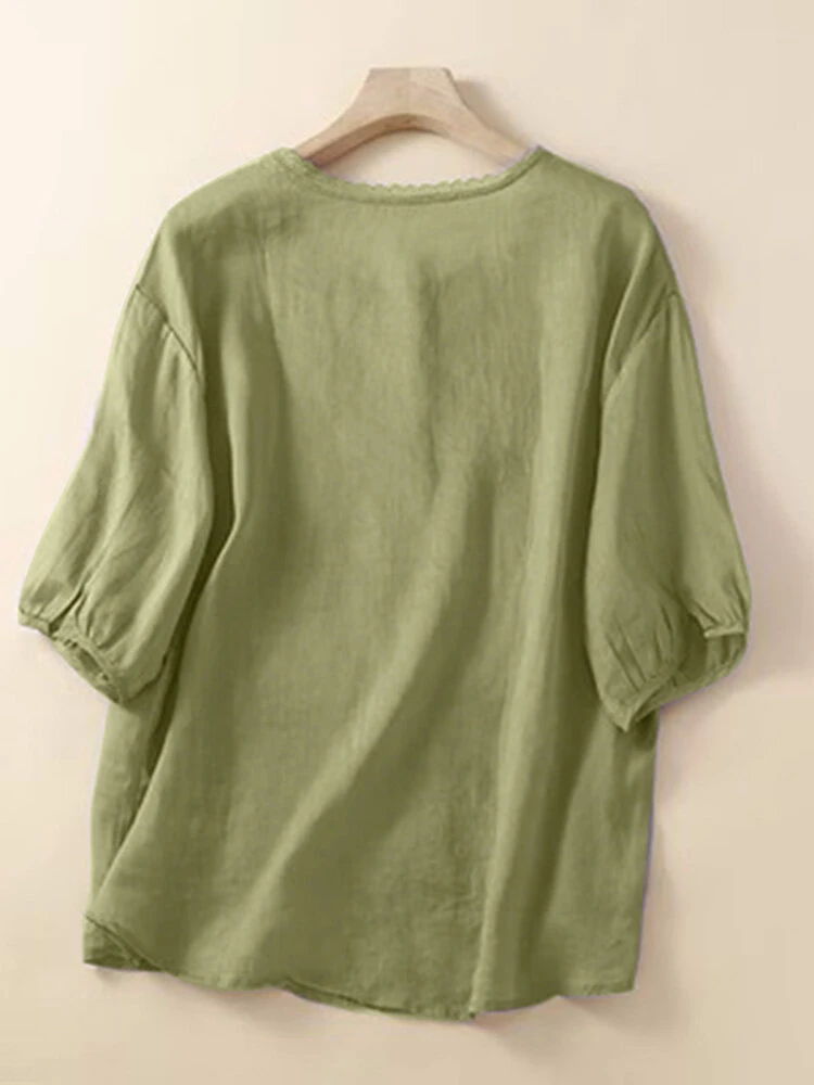 Women Lace Trim Plain Button Up Cotton 3/4 Sleeve Shirt 2 Women Lace Trim Plain Button Up Cotton 3/4 Sleeve Shirt - Image 2