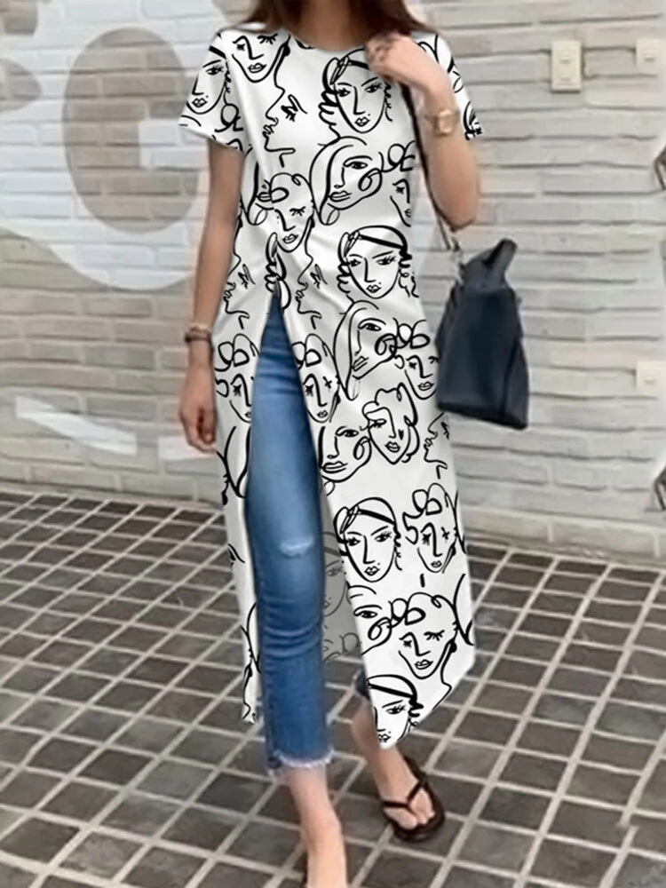 Figure Pattern Split Twist Round Neck Short Sleeve Casual T-Shirt 2 Figure Pattern Split Twist Round Neck Short Sleeve Casual T-Shirt - Image 2