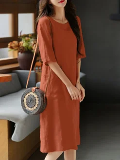 Solid Dual Pocket Half Sleeve Crew Neck Midi Dress -Zanzea Shop edde29e3 cb79 4421 871e 16e5d0f40bc1
