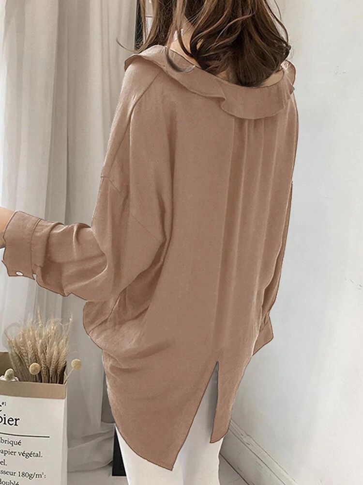 Solid Ruffle Loose Slit Long Sleeve Casual Women Blouse 2 Solid Ruffle Loose Slit Long Sleeve Casual Women Blouse - Image 2