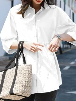 Solid Button Front Tie Lapel 3/4 Sleeve Loose Blouse -Zanzea Shop edf87905 8c12 45b0 8ad2 79e01daee991