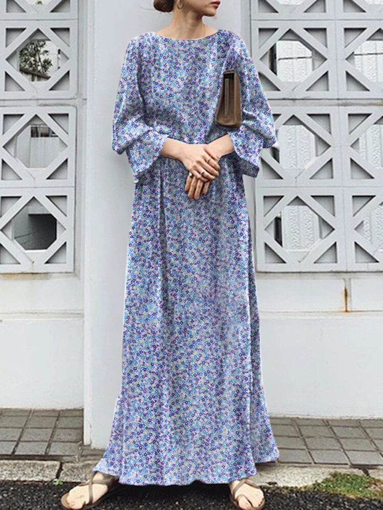 Floral Print Long Bell Sleeve Crew Neck Slit Maxi Dress 1 Floral Print Long Bell Sleeve Crew Neck Slit Maxi Dress