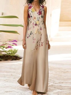Flower Leaves Print Sleeveless V-neck Maxi Dress