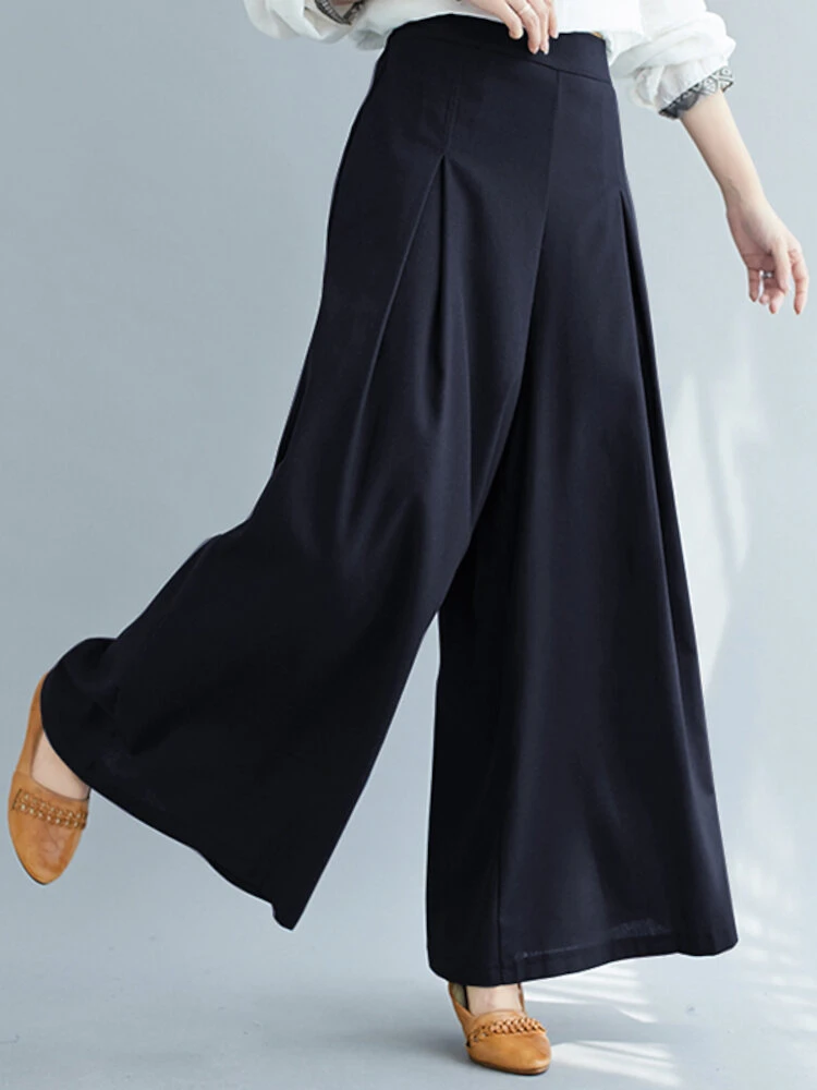 Solid Color Pleated Elastic Waist Casual Loose Wide-Leg Pants For Women 3 Solid Color Pleated Elastic Waist Casual Loose Wide-Leg Pants For Women - Image 3
