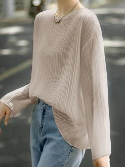 Solid Long Sleeve Pleated Crew Neck Casual T-shirt -Zanzea Shop ee9394b6 ee5a 4262 b0c7 3d492dd97050
