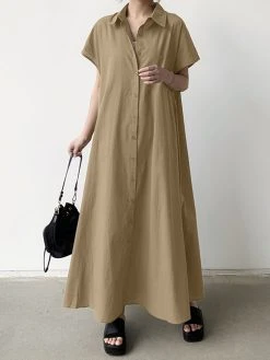 Women Solid Lapel Button Front Short Sleeve Maxi Shirt Dress -Zanzea Shop eecaa3f0 81ae 4c47 a2b8 e7bb0f0b5d52