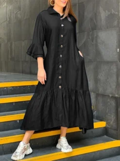 Ruffle Sleeve Pocket Lapel Button Front Casual Shirt Dress -Zanzea Shop ef45eb28 41f1 416e 8fba fb330ede8f53