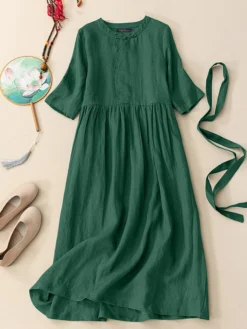 Solid Frog Button Half Sleeve Vintage Dress With Belt