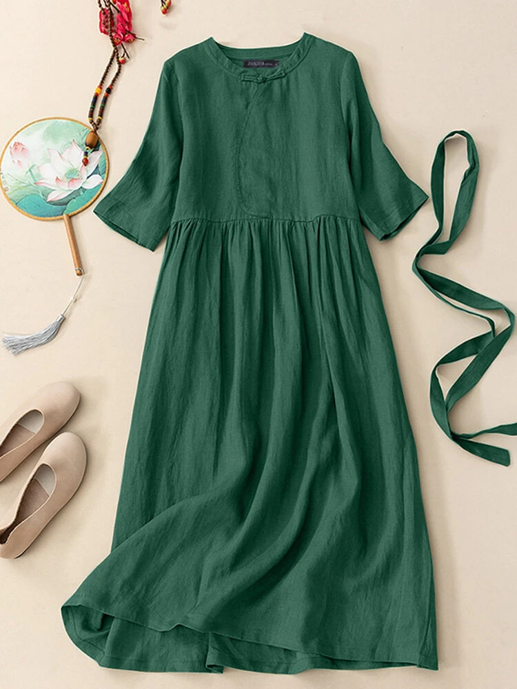 Solid Frog Button Half Sleeve Vintage Dress With Belt 1 Solid Frog Button Half Sleeve Vintage Dress With Belt