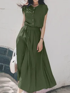 Solid Button Front Dress With Belt For Women -Zanzea Shop ef63d548 8e62 417a 8b68 f6d3406779e7