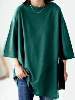 Solid Crew Neck Loose Casual 3/4 Sleeve T-shirt
