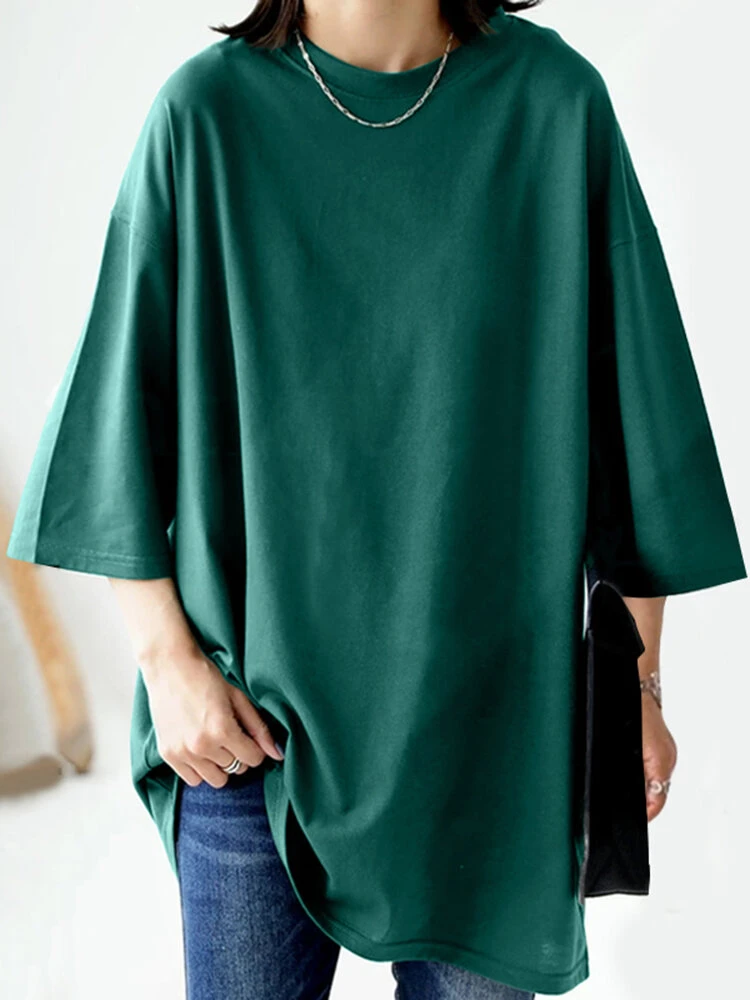 Solid Crew Neck Loose Casual 3/4 Sleeve T-shirt 1 Solid Crew Neck Loose Casual 3/4 Sleeve T-shirt