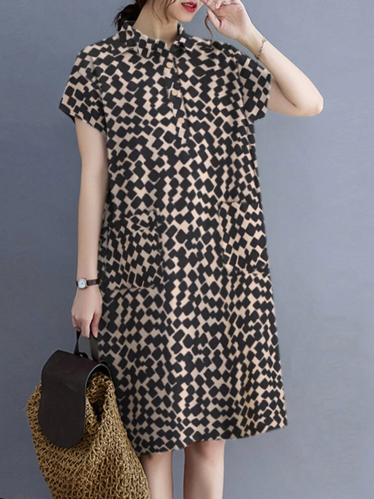 Allover Geo Print Lapel Dual Pocket Short Sleeve Dress 5 Allover Geo Print Lapel Dual Pocket Short Sleeve Dress - Image 5