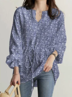 Allover Floral Print Drawstring Waist Notch Neck Blouse -Zanzea Shop efca6a31 9881 48af b0a0 e5d8b580fe6a