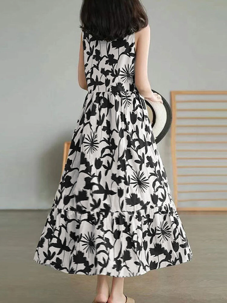 Plant Print Ruch Ruffle Hem Sleeveless Casual Print Dress 2 Plant Print Ruch Ruffle Hem Sleeveless Casual Print Dress - Image 2